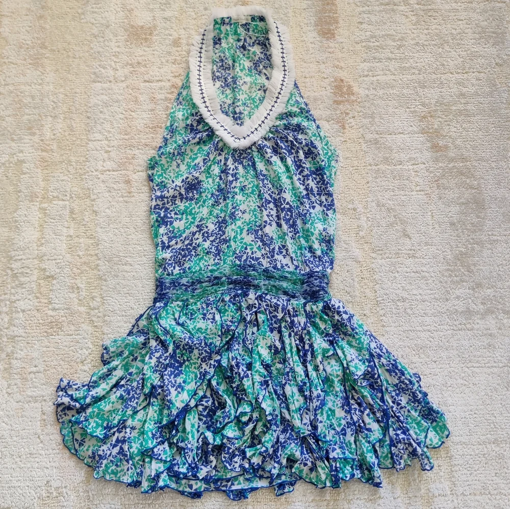 Poupette St. Barth BELINE Fringe v-neck Dress Aqua Size S - Picture 3 of 9